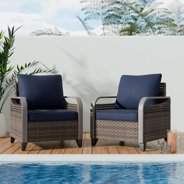 Brown Wicker Outdoor Lounge Chair Patio Dining Chair with Blue Cushions (2-Pack)