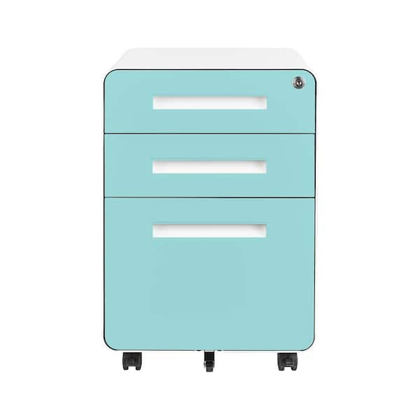 Kahomvis Blue 3-Drawer Mobile Steel File Cabinet with Locking Drawer, Rolling Anti-tilt Metal Storage Cabinet