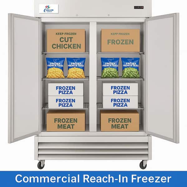 54 in. W 47 cu. ft. NSF Auto Defrost 2-Door Commercial Reach In Upright Freezer in Stainless Steel