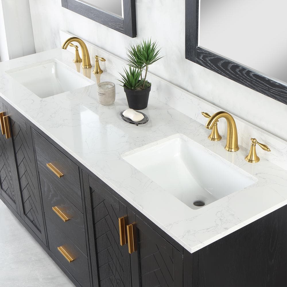 Gazsi 72" Black Oak Double Bathroom Vanity with Composite Stone Countertop