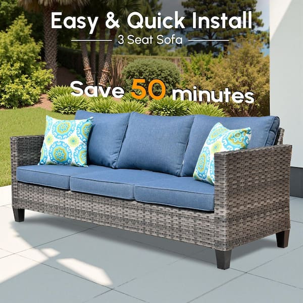 XIZZI - Michigan 6-Piece Wicker Outdoor Patio Fire Pit Seating Sofa Set and with Denim Blue Cushions and Swivel Rocking Chairs