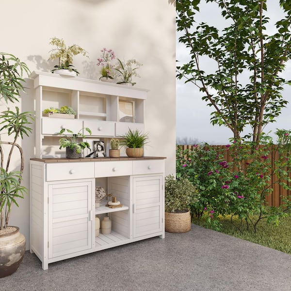 HomeAura 50 in. W x 65.7 in. H White Potting Bench Table with Hutch