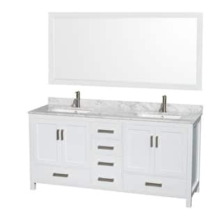 Sheffield 72 in. W x 22 in. D x 35 in. H Double Bath Vanity in White with White Carrara Marble Top and 70" Mirror