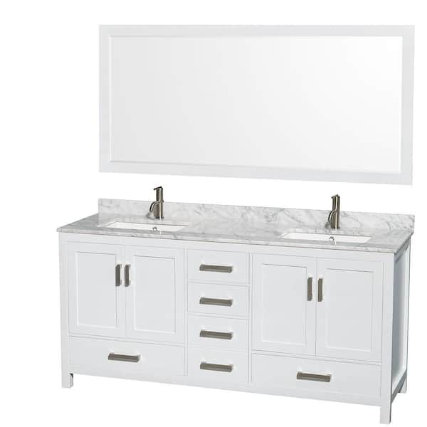 Wyndham Collection Sheffield 72 in. W x 22 in. D x 35 in. H Double Bath Vanity in White with White Carrara Marble Top and 70" Mirror