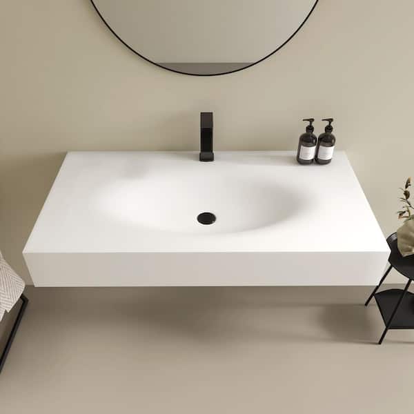 42 x 22 in. Solid Surface Wall Mount Bathroom Vessel Sink with Faucet Hole in Matte Whiote