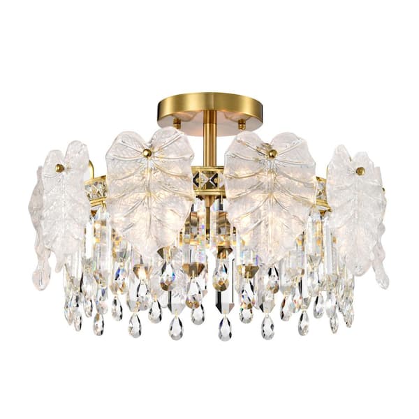 Jojospring Gioconda 19 in. 5-Light Brushed Shiny Brass Leaf-Shaped Glass Crystal Flush Mount