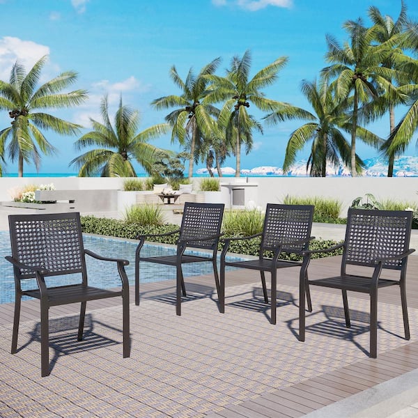 PHI VILLA Stackable E-coating Metal Outdoor Dining Chair in Black Set of 4