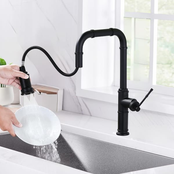 Single Handle Pull Down Sprayer Kitchen Faucet with 3-Water Modes in Matte Black