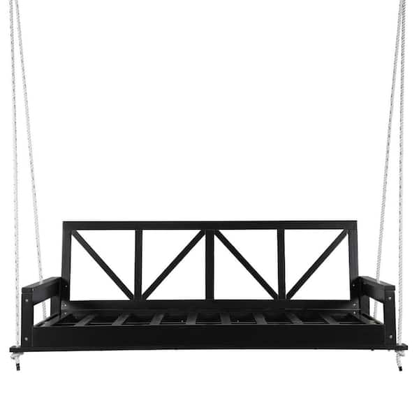 Zeus & Ruta Black Acacia Wood Twin Size Porch Swing Bed with with 16.4 ft. Hemp Ropes for Garden, Backyard