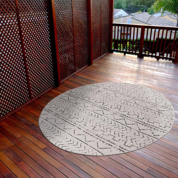 7' Round Light Gray Dark Gray Waikiki Modern Trellis Indoor Outdoor Area Rug