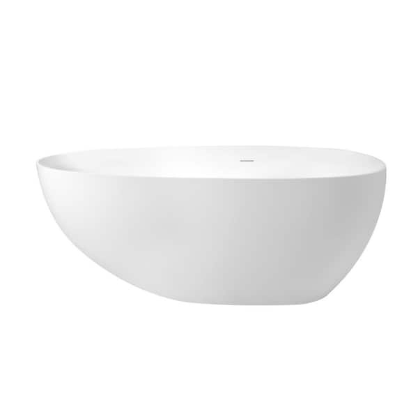 ANGELES HOME 63 in. x 31.5 in. Stone Resin Solid Surface Freestanding Soaking Bathtub Tub with Center Drain in Glossy White