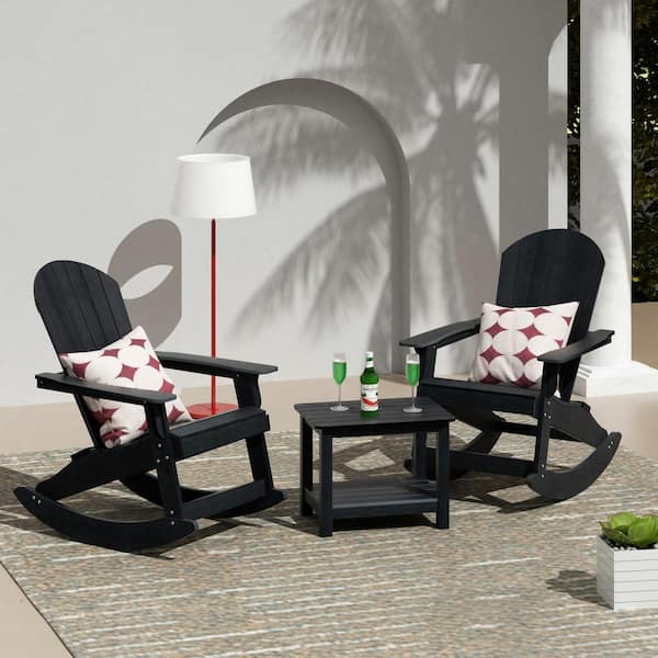 WESTIN OUTDOOR Vineyard Black Outdoor Patio HDPE Plastic Rocking Chair with Square Side Table 3-Piece Set