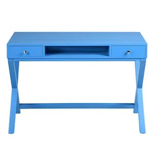 44 in. Rectangle Blue Wood 2-Drawer X-Shaped Base Lifting Top Solid Wood Writing Desk with Open Storage