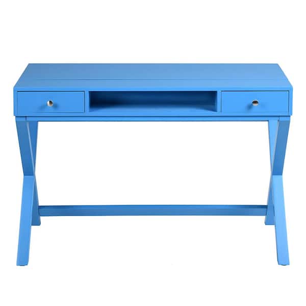 Spaco 44 in. Rectangle Blue Wood 2-Drawer X-Shaped Base Lifting Top Solid Wood Writing Desk with Open Storage