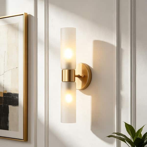 Fino 4.7 in. 2-Light Gold Modern Linear Wall Sconce Bathroom Vanity Light with Frosted Cylinder Glass for Living Room