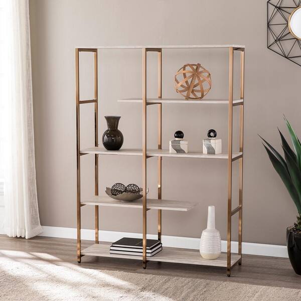 Southern Enterprises 59.5 in. Champagne Metal 4-shelf Etagere Bookcase with Open Back
