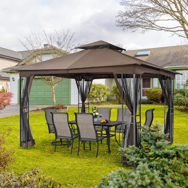 EGEIROSLIFE 12 ft. W x 10 ft. D Dark Brown Double Roof Patio Gazebo with Mosquito Net