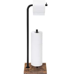 Freestanding Metal Toilet Paper Holder Stand with Wood Base, Black
