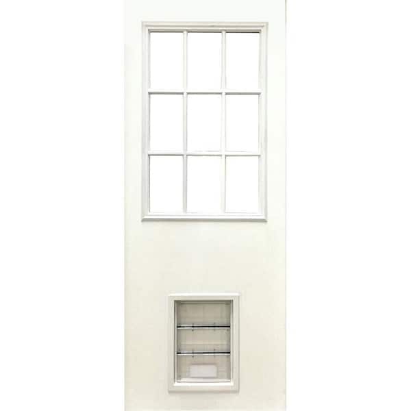 Steves & Sons 31-3/4 in. x 79 in. Reliant Series Clear 9-Lite White Primed Fiberglass Front Door Slab with Large Pet Door