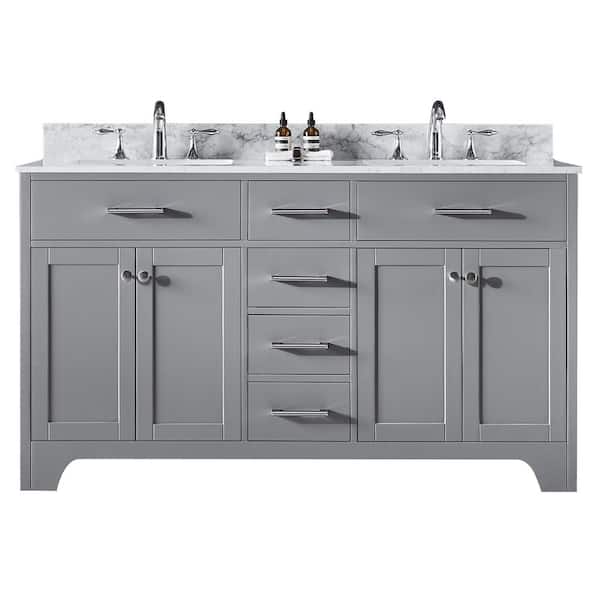 Exclusive Heritage Clariette 60 in. W x 22 in. D x 34.21 in. H Bath Vanity in Taupe Grey with Marble Vanity Top in White with White Basins