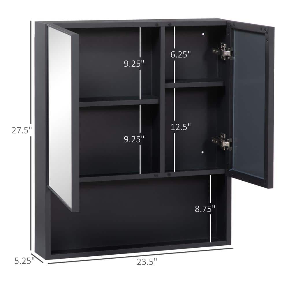 Black Wall-Mounted Medicine Cabinet with Double Mirror Doors and Storage Shelves