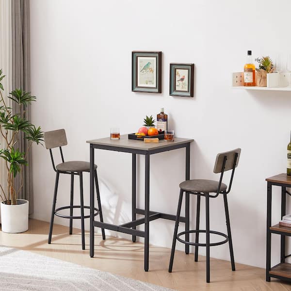 Bar Table Set, 35.8 in. H Gray Low Back Metal Frame Bar Stool with Set of 2 PU Seat (Set of 3)