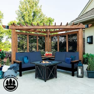 Tuscany 9 ft. x 9 ft. Light Brown Wooden Cabana Pergola with Bamboo Privacy Panels and Indigo Conversation Seating