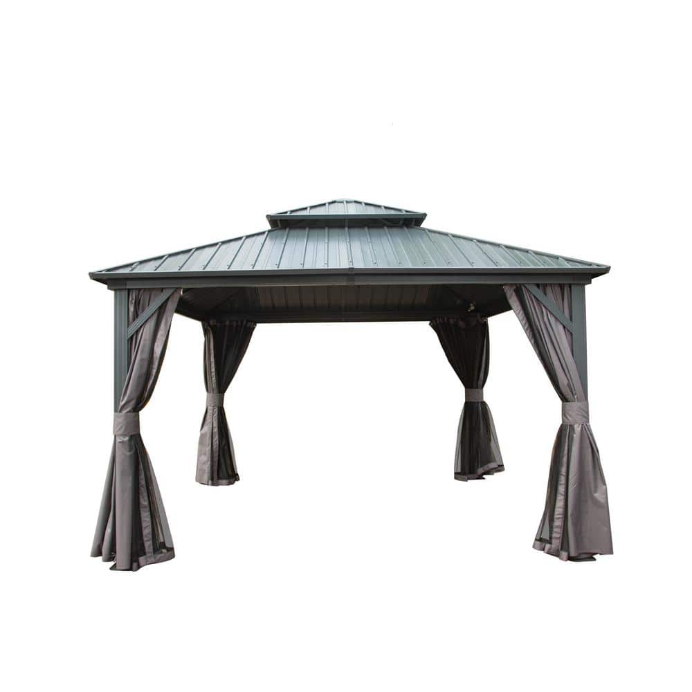 12 ft. x 12 ft. Outdoor Gray Aluminum Hardtop Gazebo with Galvanized Steel Double Roof with Curtain and Netting price history on PriceWatchPro
