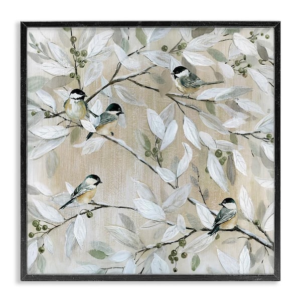 Chickadee Birds on Branches by Carol Robinson 1-Piece Black Framed Nature Giclee Art print 24 in. x 24 in.