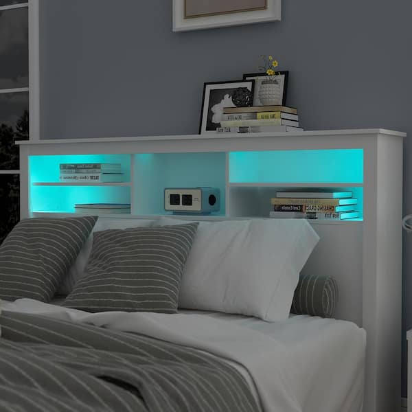 FUFU&GAGA Full Queen White Wood Headboard Shelf With 5-Shelves and LED Lights KF310006-02 The Home
