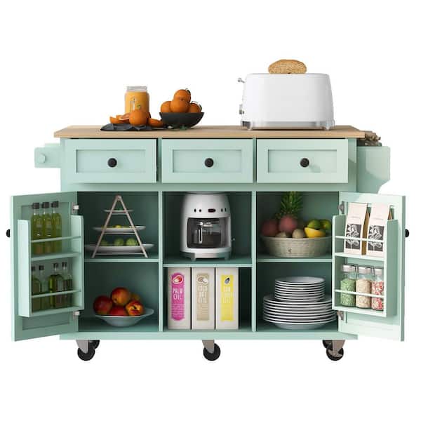 Unbranded Mint Green Kitchen Cart with Rubber Wood Drop-Leaf Countertop