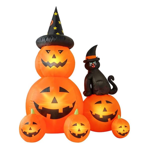 6 ft. Halloween Inflatable Decorations Spooky Ghost Pumpkin Lighted and Witch's Cat, Inflatables with Build-in LED