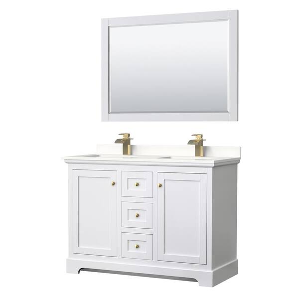 Wyndham Collection Avery 48 in. W x 22 in. D x 35 in. H Double Bath Vanity in White with White Quartz Top and 46 in. Mirror