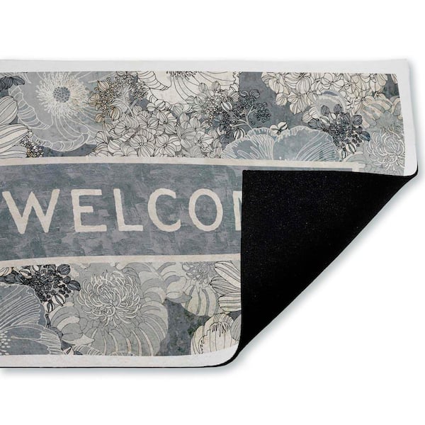 Welcome on Detailed Blooms Blue 18 in. x 30 in. Polyester Non-Slip Outdoor Door Mat