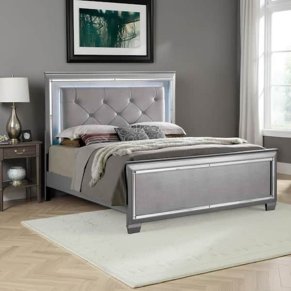 Gray Wood Frame King Size Panel Bed with Silver Trim Accents