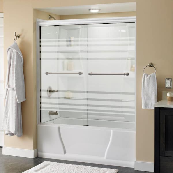 Delta Silverton 60 in. X 56-1/2 in. Semi-Frameless Traditional Sliding Bathtub Door in White and Nickel with Transition Glass