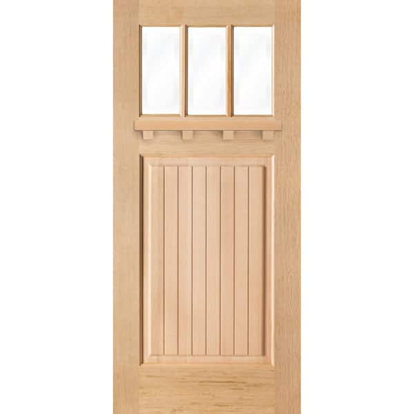 Krosswood Doors 36 in. x 80 in. Craftsman Universal-Handing 3 Lite Clear Glass Unstained Hemlock Wood Front Door Slab with Dentil Shelf