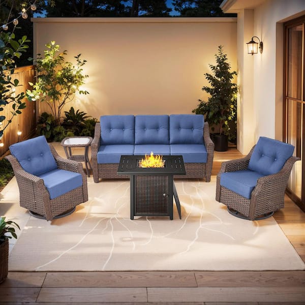 Modern Farmhouse 5-Piece Brown Wicker Patio Conversation Set with 6 in. Blue Cushions and Square Metal Fire Pit