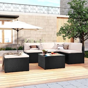 Black 6-Piece Wicker Metal Outdoor Sectional with Beige Cushions