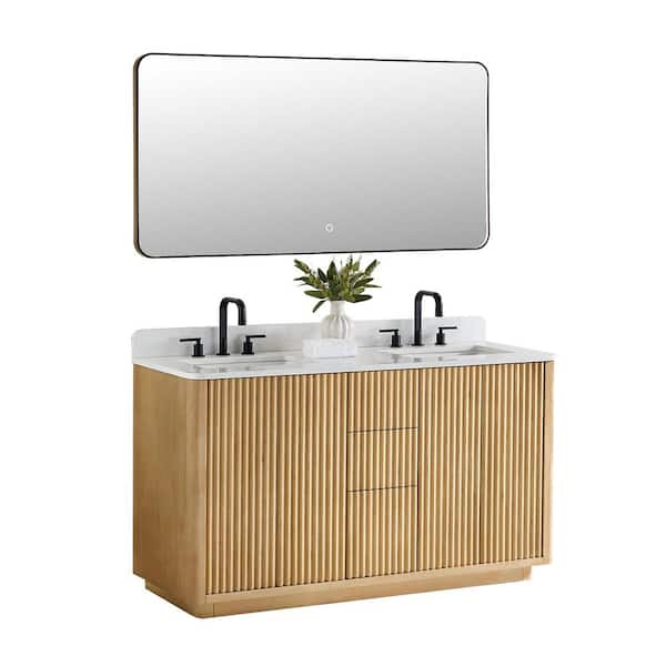 Altair Clayton 60 in. Double Freestanding Washed Light Brown Bath Vanity with Grain White Engineered Stone Top Assembled Mirror