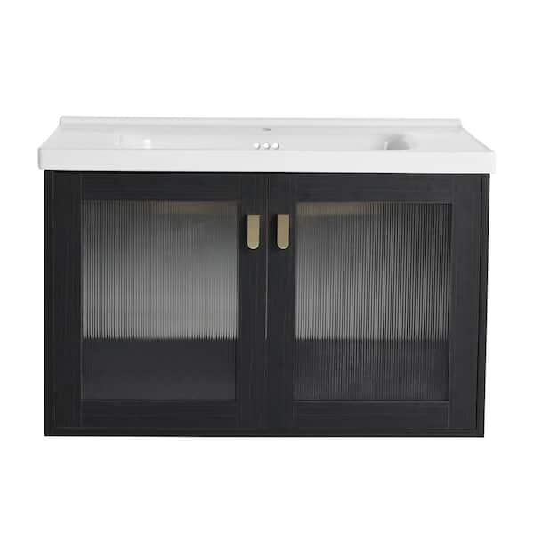 31.9 in. W x 18.7 in. D x 20.7 in. H Single Sink Wall-Mounted Bath Vanity in Black Chestnut with White Ceramic Vanity