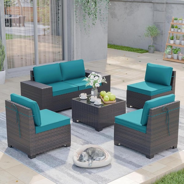 Halmuz 6-Piece Wicker Outdoor Sectional Set with Glass Coffee Table and Blue Cushions