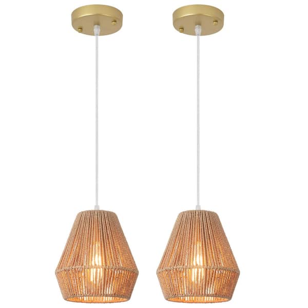 ZJVAIVE 2-Light Gold Metal Hanging Pendant Light Chandelier with Paper Rattan Shade