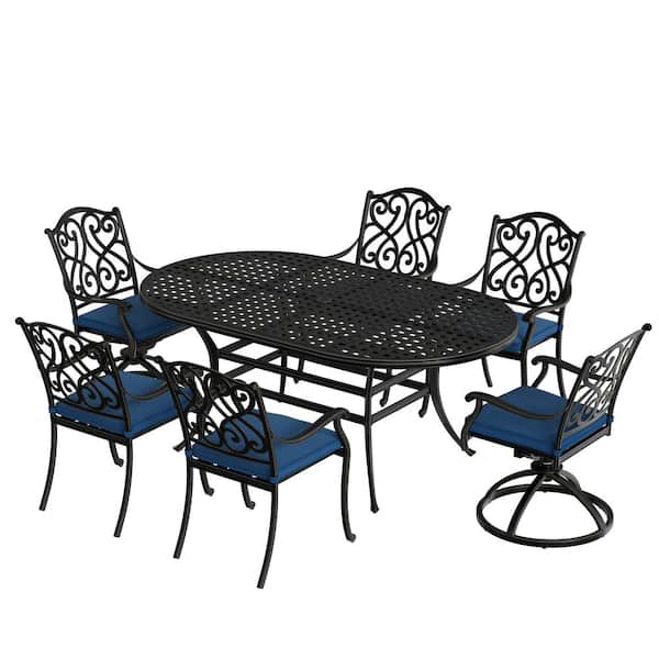 Clihome 7-Piece Cast Aluminum Outdoor Dining Set with Blue Cushion and 2 in. Umbrella Hole