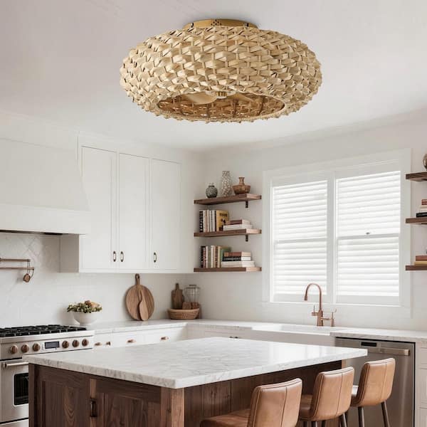 20 in. Indoor 4-Light Fandelier Gold Low Profile Standard Flush Mount Ceiling Fan with Light and Remote