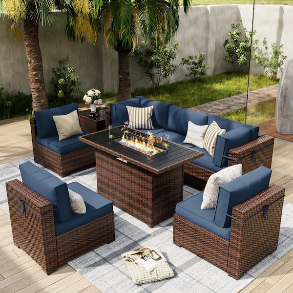 ELPOSUN Brown 8-Piece Wicker Patio Conversation Set with Navy Cushions