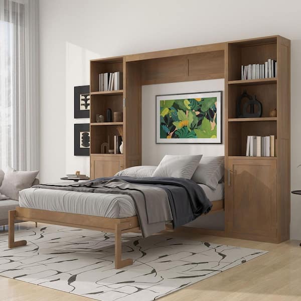 Brown Wood Frame Queen Size Murphy Bed with Storage Shelves and Cabinets