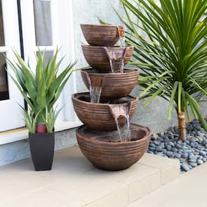 34 in. Tall Outdoor 5-Tier Modern Bowl Cascading Waterfall Fountain with LED Lights