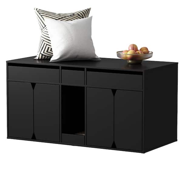 FUFU&GAGA Wooden Double Hidden Litter Box Furniture w/4-Doors and Litter Filter for 2 Cats, Black Cat Washroom with Storage Space