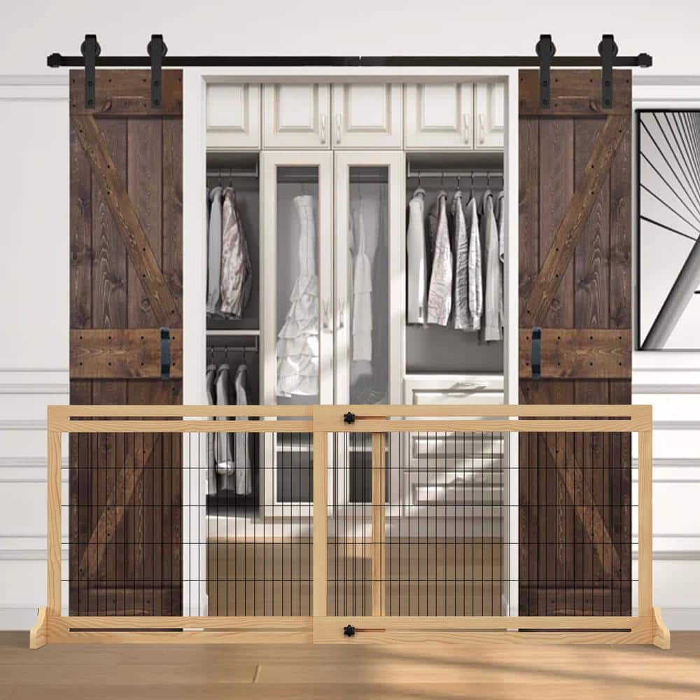 Natural Wooden Retractable Freestanding Pet Gate for Doorways